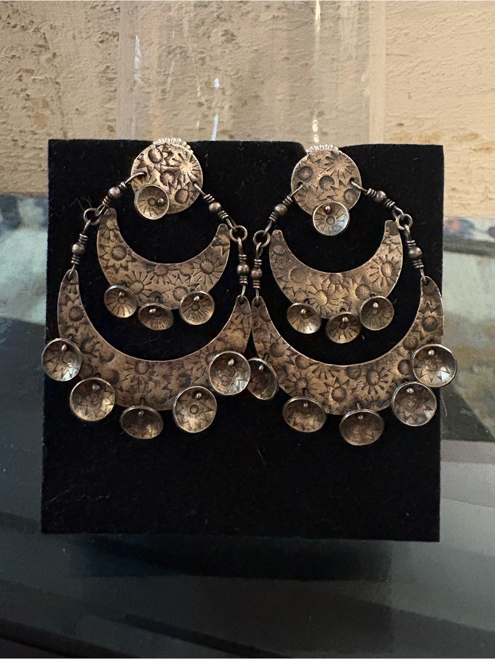 Handcrafted Silver-Tone Bohemian Floral Crescent Drop Statement Earrings